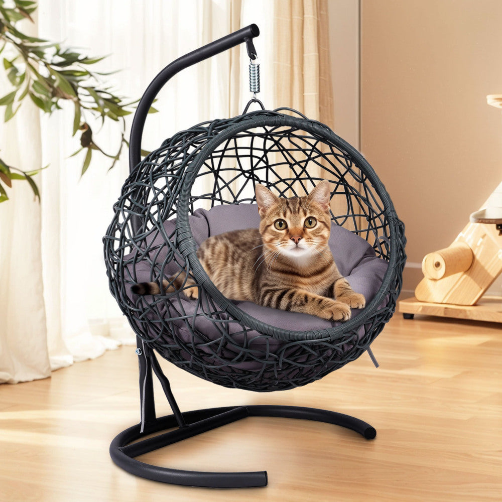 Cat Swing Bed with Stand & Cushion, Cat Egg Chair with Rattan Wicker Appearance, Indoor Hanging Swinging Cat Bed for Cats, Small Dogs, and Small Animals, Brown