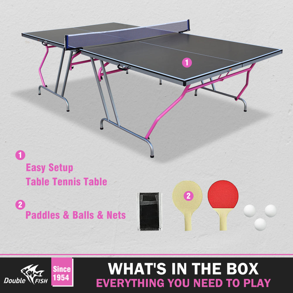 DOUBLE FISH Table Tennis Table, 8×4 Ft Foldable & Portable Ping Pong Table Set With 2 Table Tennis Paddles, 3 Balls And Net For Indoor Outdoor Use