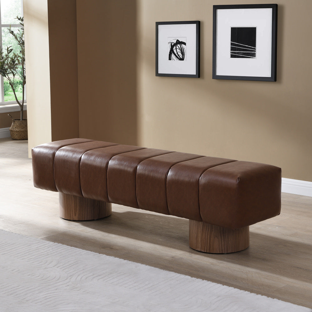 Upholstered Dining Bench for Dining Room, No-Assembly End of Bed Entryway Bench Ottoman for Bedroom Living Room, Beige Faux Fur Fabric Stool Top Wood Leg 300 LBS Weight Capacity