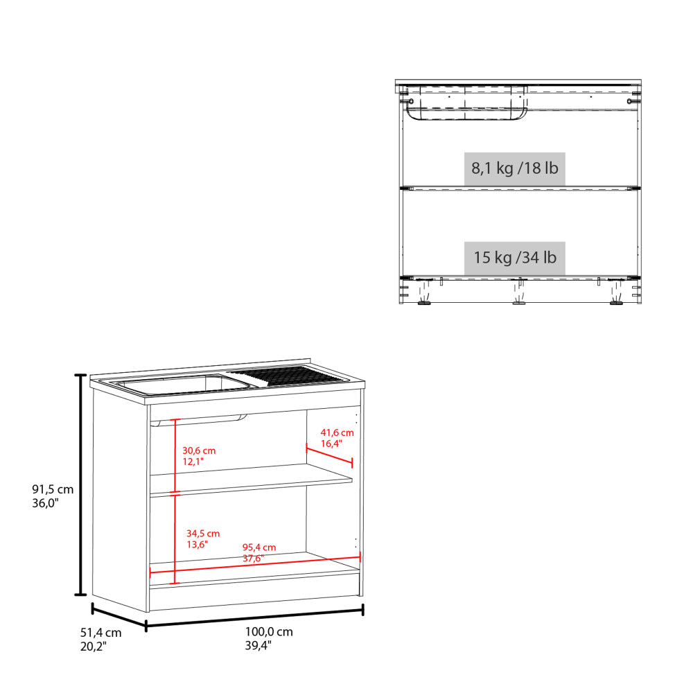 Zurich 39" Wide Utility Sink, Base Cabinet Two-Door Cabinet With Two Shelves, Stainless Steel Sink, Laundry Room, Garage Sink, Light Gray