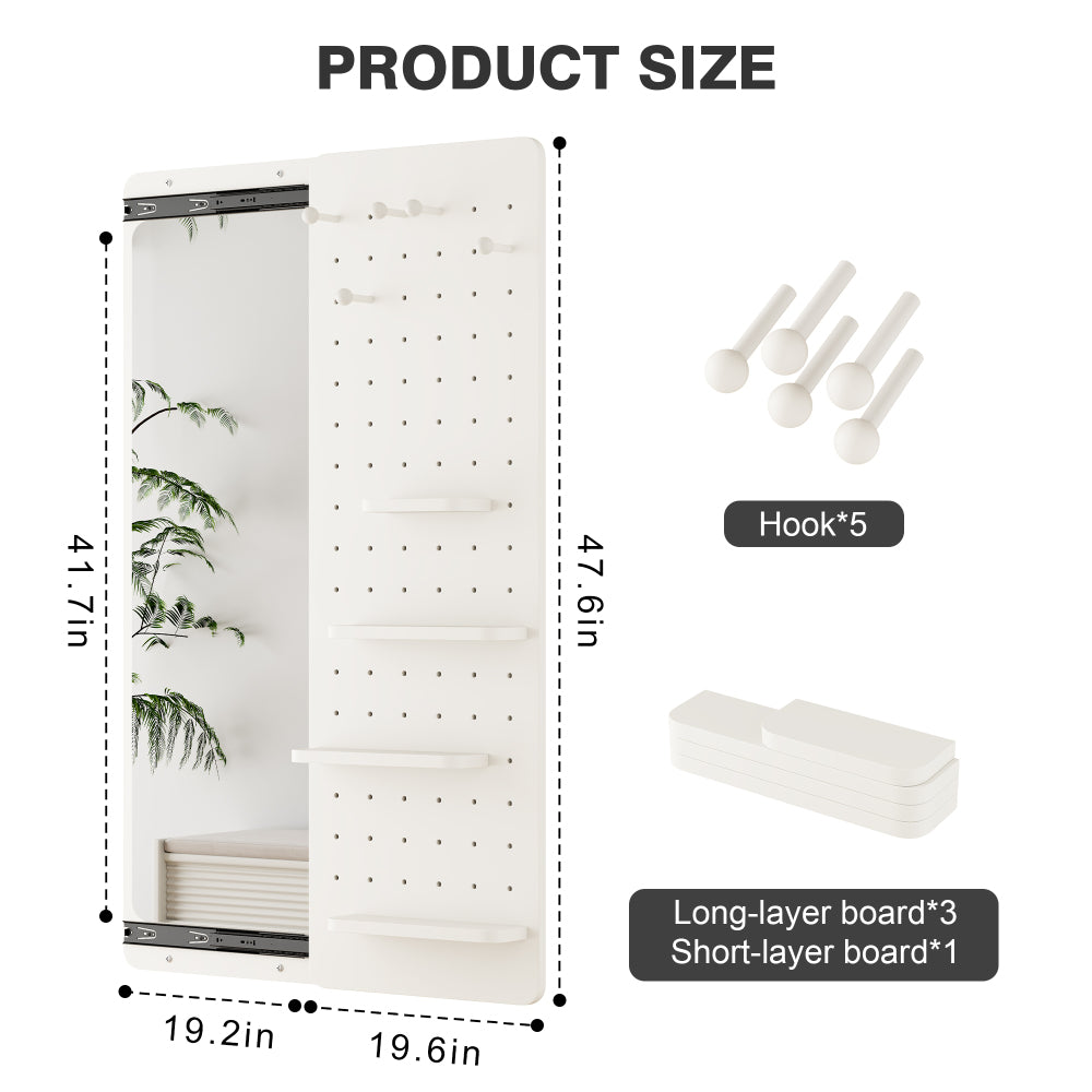 Wall Mounted Full Length Mirror, Full Body Mirror with Shelf, Full Body Mirror with Hook Wall Mounted Mirror with Multifunctional Design Panel, Bedroom/Living Room/Entrance White(47.6*15.7in)