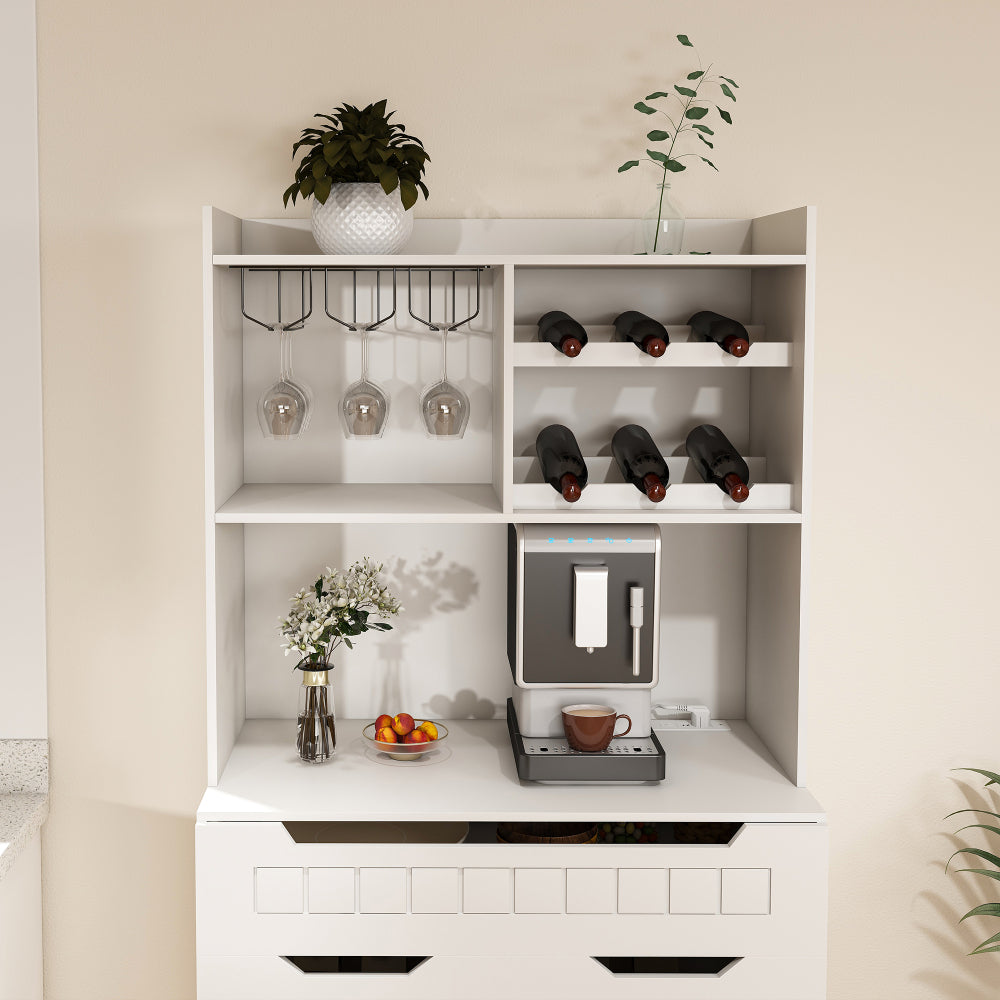 White Buffet Cabinet with Hutch - Modern Farmhouse Kitchen Storage Sideboard with 2 Drawers & Barn Doors, Coffee Bar Station or Liquor Cabinet for Dining Room, Living Room