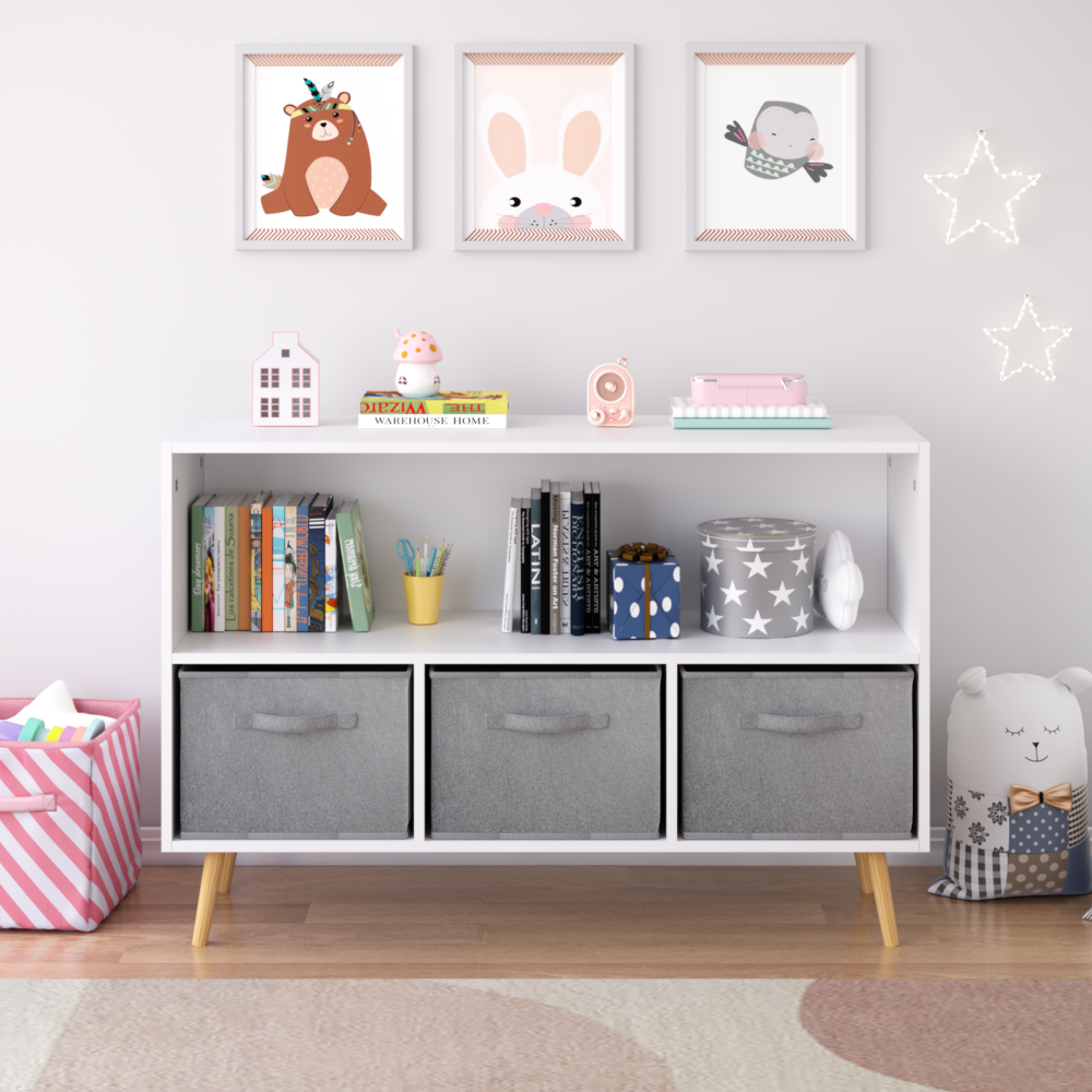 Kids bookcase with Collapsible Fabric Drawers, Children's Book Display, Toy Storage Cabinet Organizer, White/Gray
