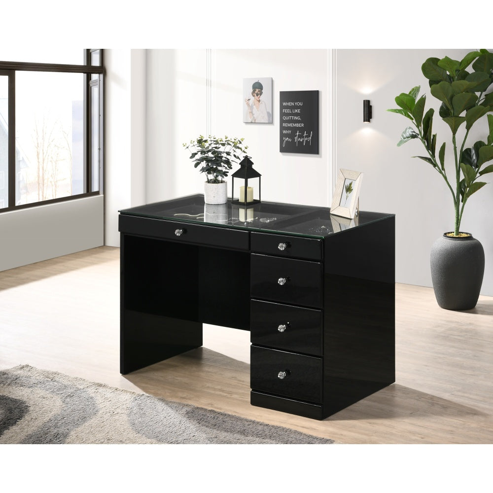 3pc Black Makeup Vanity Set Lighted Mirror Glass Top 5 Drawers Crystal Knobs Round Stool Wooden Bedroom Furniture Black