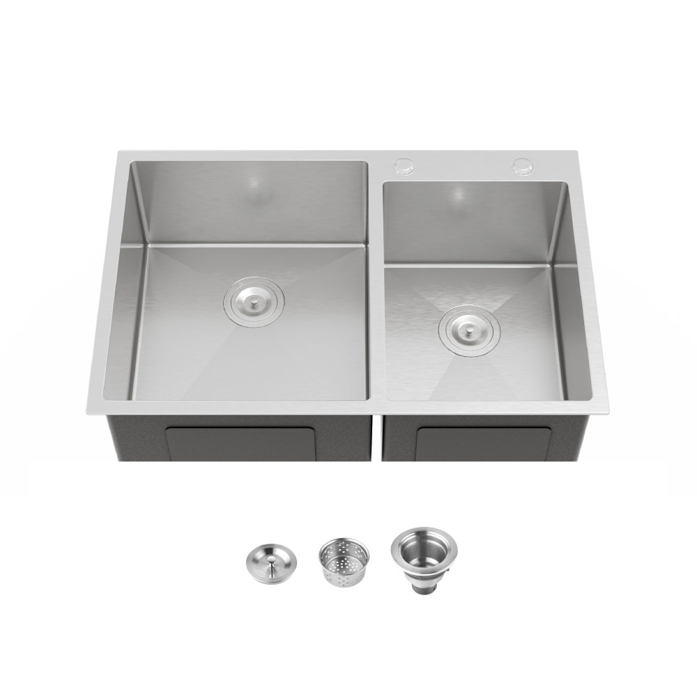 Stainless Steel Kitchen Sink, 32″x19″ Single Bowl, Overmount Handmade Sink in Brushed Nickel, with US Standard Drain and Hook, LS-SSBR02