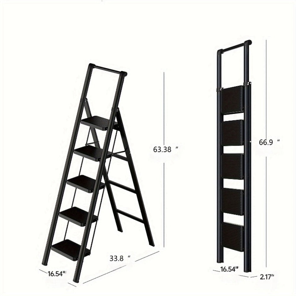5-step ladder folding step stool, 5-step ladder with anti slip wide pedals, lightweight and easy to carry handle folding ladder, multi-purpose steel ladder, suitable for home and office use