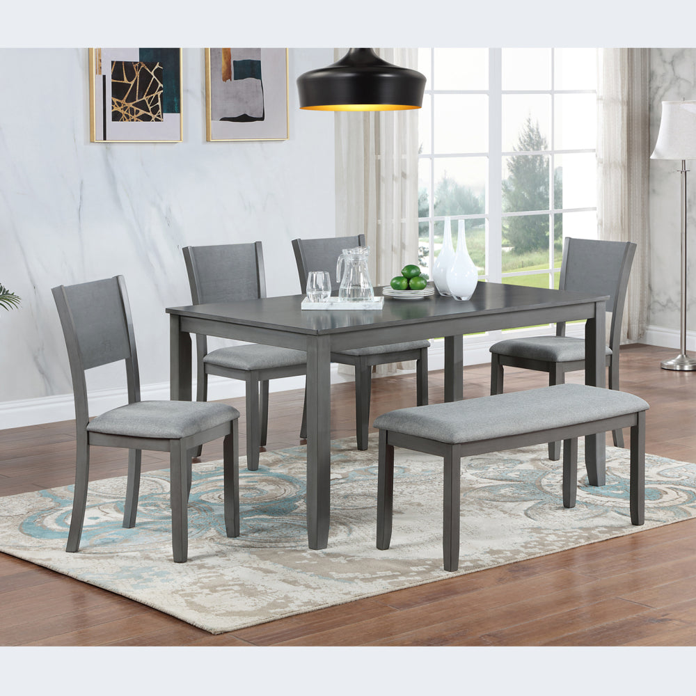 6 Piece Kitchen Dining Set, Rectangular Wooden Dining Table with 4 Upholstered Chairs and a Bench, Dining Table Set for 6 People, Living Room, Home Bar and Kitchen, Gray