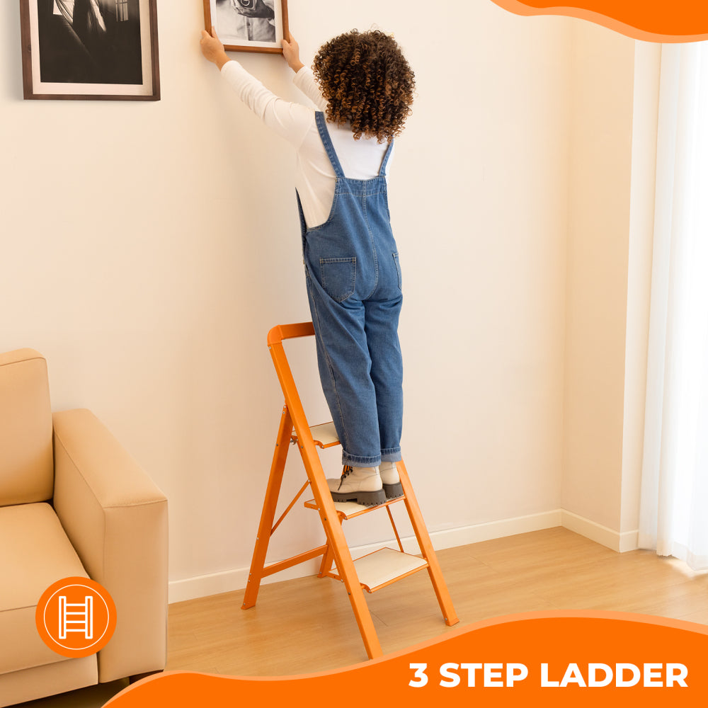 3 Step Ladder Folding Step Stool for Adults with Wide Anti-Slip Pedal, Aluminium Lightweight Foldable Step Ladders for Home Kitchen Office, 580 lbs Capacity