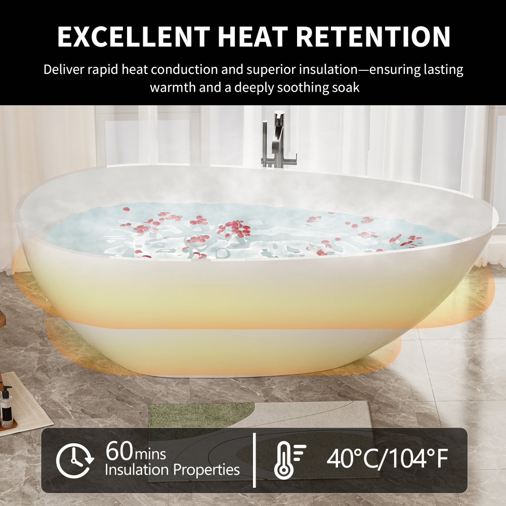 59" Freestanding Solid Surface Bathtub, Luxury Handcrafted Stone Resin Freestanding Soaking Bathtub with Overflow and Pop-up Drain, Glossy White 24S02-59GW