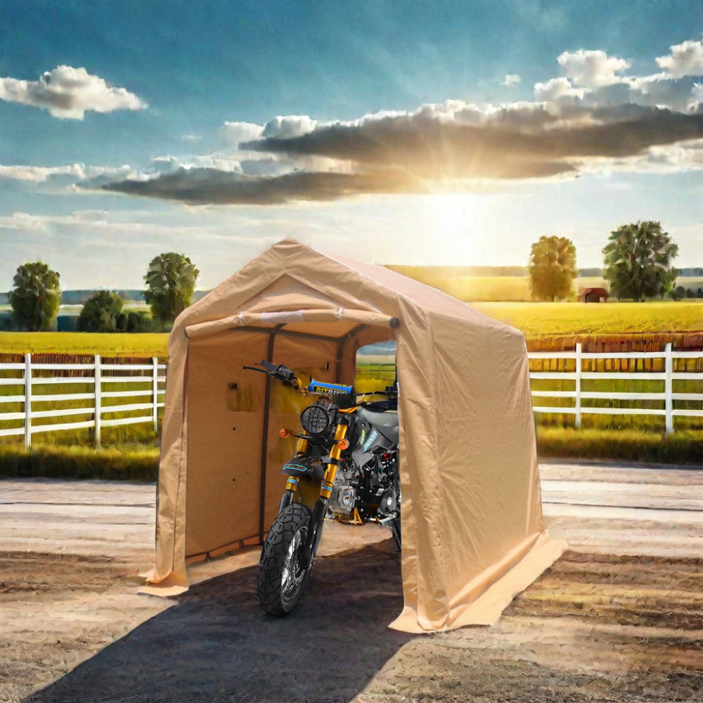 7x8 ft Outdoor Portable Gazebo Storage Shelter Shed with 2 Roll up Zipper Doors & Vents Carport for Motorcycle Waterproof and UV Resistant Anti-Snow Portable Garage Kit Tent, Sand