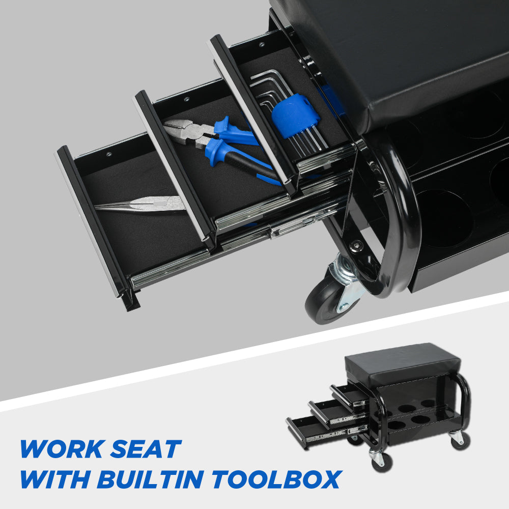 Rolling Creeper Garage/Shop Seat with Three Built-in Drawers, Rolling Tool Chest,Black
