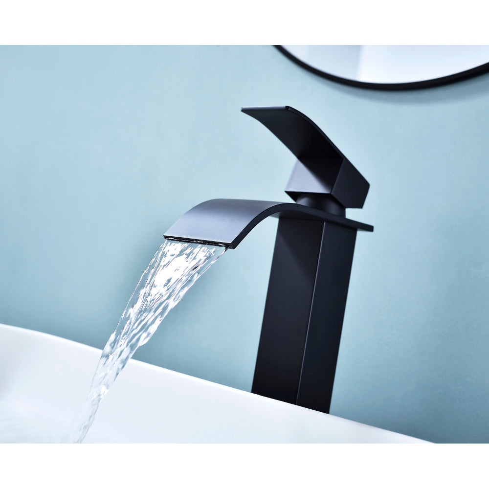 Waterfall Spout Bathroom Sink Single Handle Faucet with Pop-Up Drain (No Overflow)