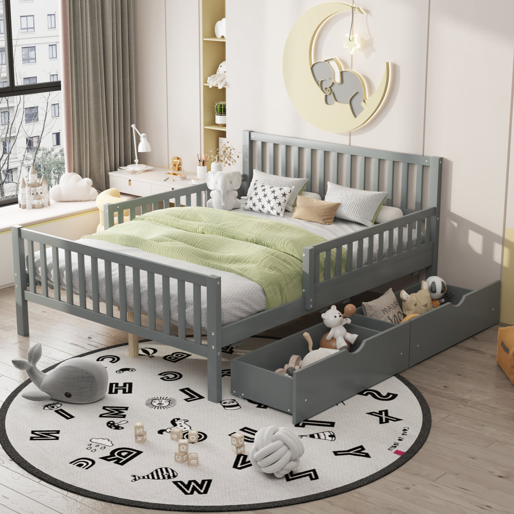 Twin Size Wood Platform Bed with Guardrails on Both Sides and Two Storage Drawers ,White