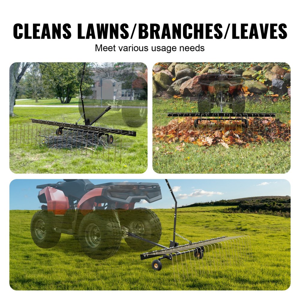 Tow Behind Dethatcher, 60-inch Tow Dethatcher with 24 Steel Tines, Lawn Dethatcher Rake for ATV or Mower, Tow Behind Lawn Rake with Lift Handle for Leaves, Pine Needles, and Grass