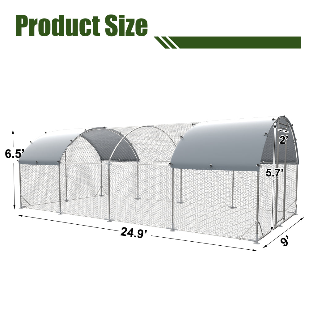 Large metal chicken coop upgrade three support steel wire impregnated plastic net cage, Oxford cloth silver plated waterproof UV protection, duck rabbit sheep bird outdoor house 9.2'W x 24.9'L x 6.5'H