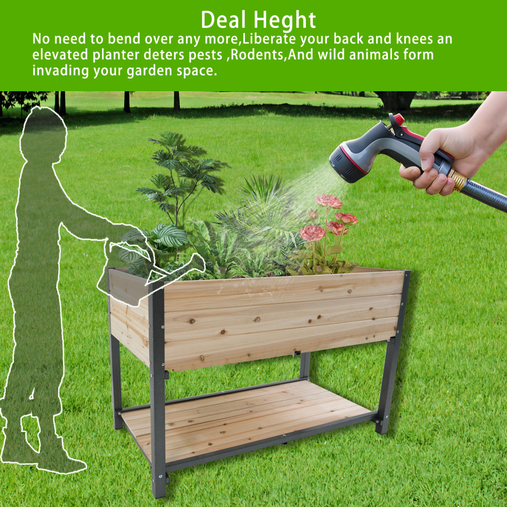 New style: 45" Iron-wood combined growing beds with feet and storage racks. Suitable for various places such as gardens, backyards, terraces, balconies, etc.