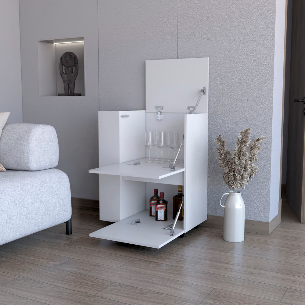 FM FURNITURE Logan Bar Cart with Two Cabinets and Open Shelves, White