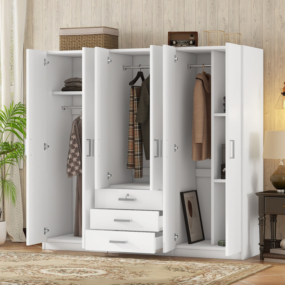 6-Doors Wooden Wardrobe Storage for Bedroom, with Big Drawers, Brown