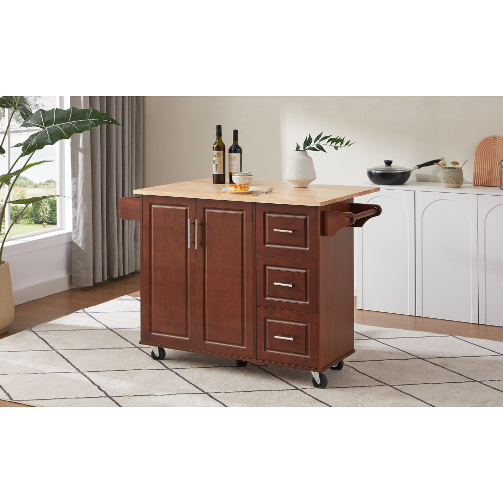 54 inch Portable Wooden Kitchen Island Cart Large Capacity with 3 drawers Drop-Leaf Table Spice Rack & Towel Rack for Small Spaces.