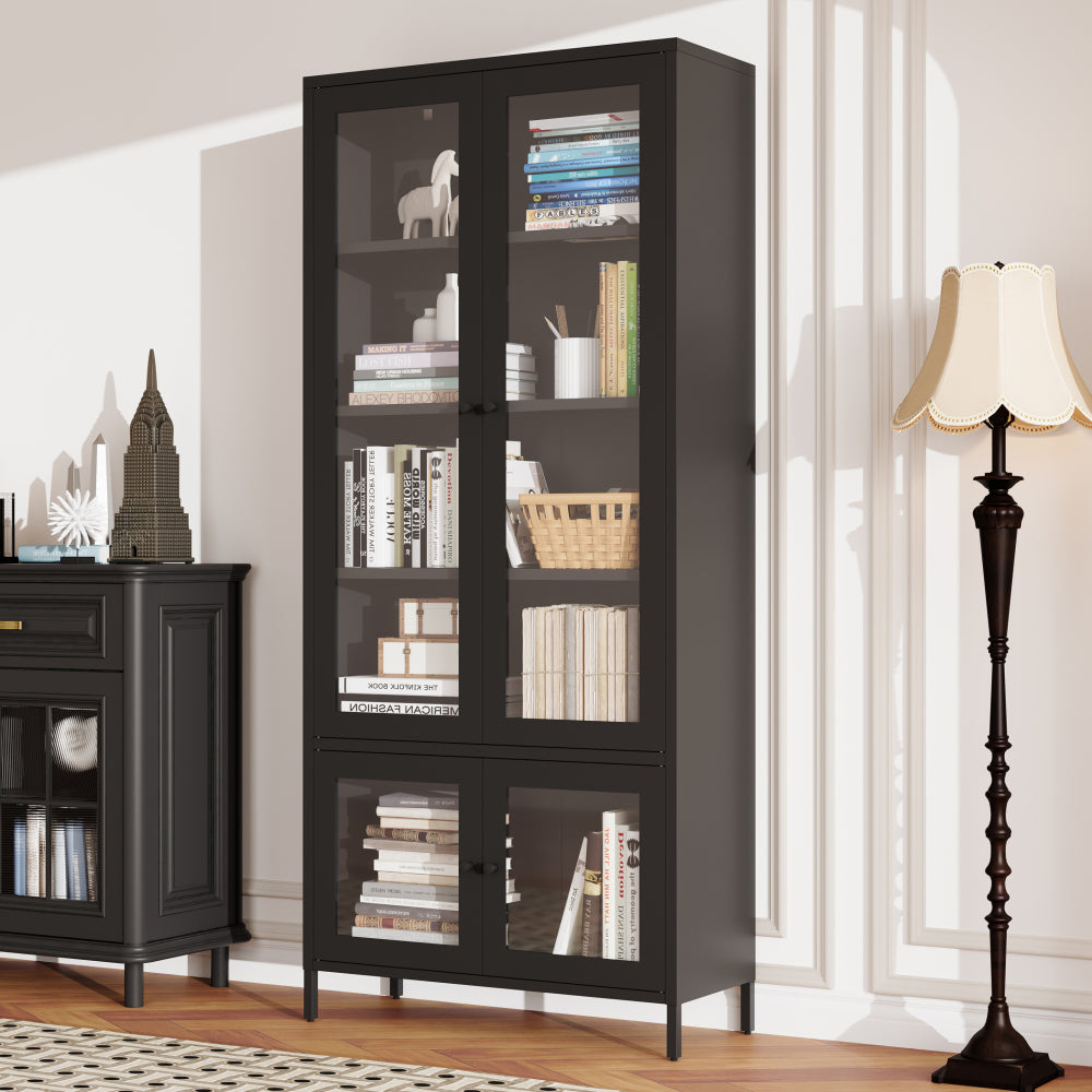 Large Metal Storage Cabinet Display Cabinet with 4 Glass Doors 5 Shelves Side Cabinet Bookcase Freestanding Cabinet for Bedroom Living Room Pantry Home Office - Black, Fluted Tempered Glass