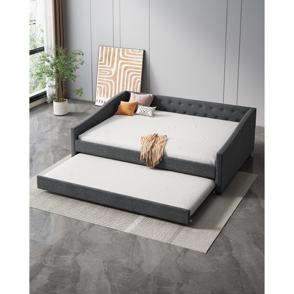 Twin Size Daybed with Drawers Upholstered Tufted Sofa Bed, with Button on Back and Piping on Waved Shape Arms-Light Grey