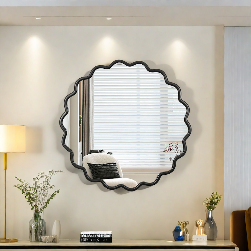 Solid Wood Wavy Mirror-Black Vanity Mirror Wall Decor 42" x 42" Modern Mirror Wall Decor for Bathroom, Bedroom, Living Room, Dining Room, Cloakroom, Entryway
