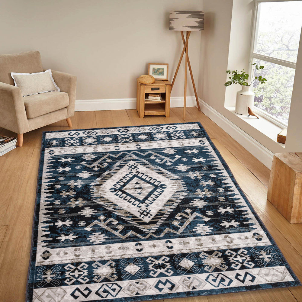 Area Rug 6x9 Vintage Bohemia Large Persian Non-slip Washable Rug For Living Room Kitchen Bedroom Living Room Geometry Blue/Black