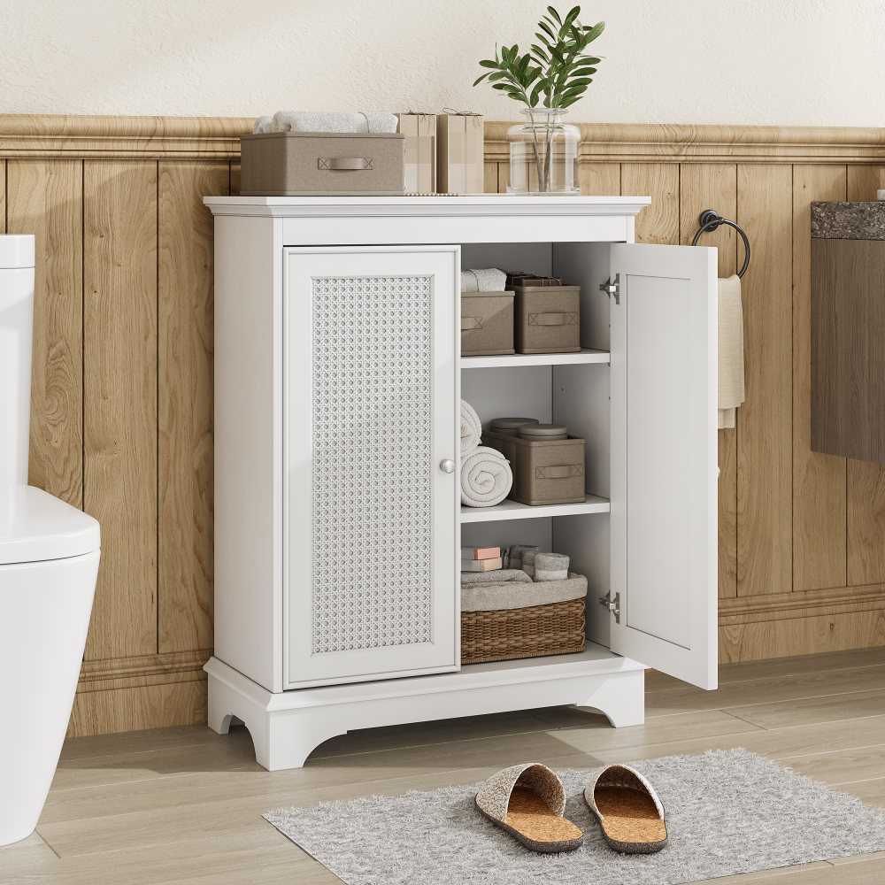 White two door rattan storage cabinet with adjustable partition, medieval modern independent buffet cabinet, multifunctional decorative cabinet suitable for living room, kitchen, bathroom, corridor