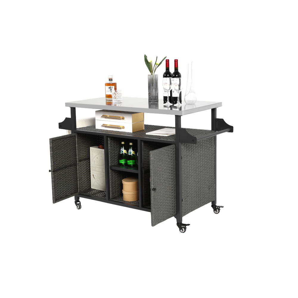 Large bar cart,Outdoor Kitchen Wicker Island Rolling Cart & Storage Cabinet, Wheels and Stainless Steel Extended Table Top, Side Handle for Patio Kitchen or Bar Cart, Grey