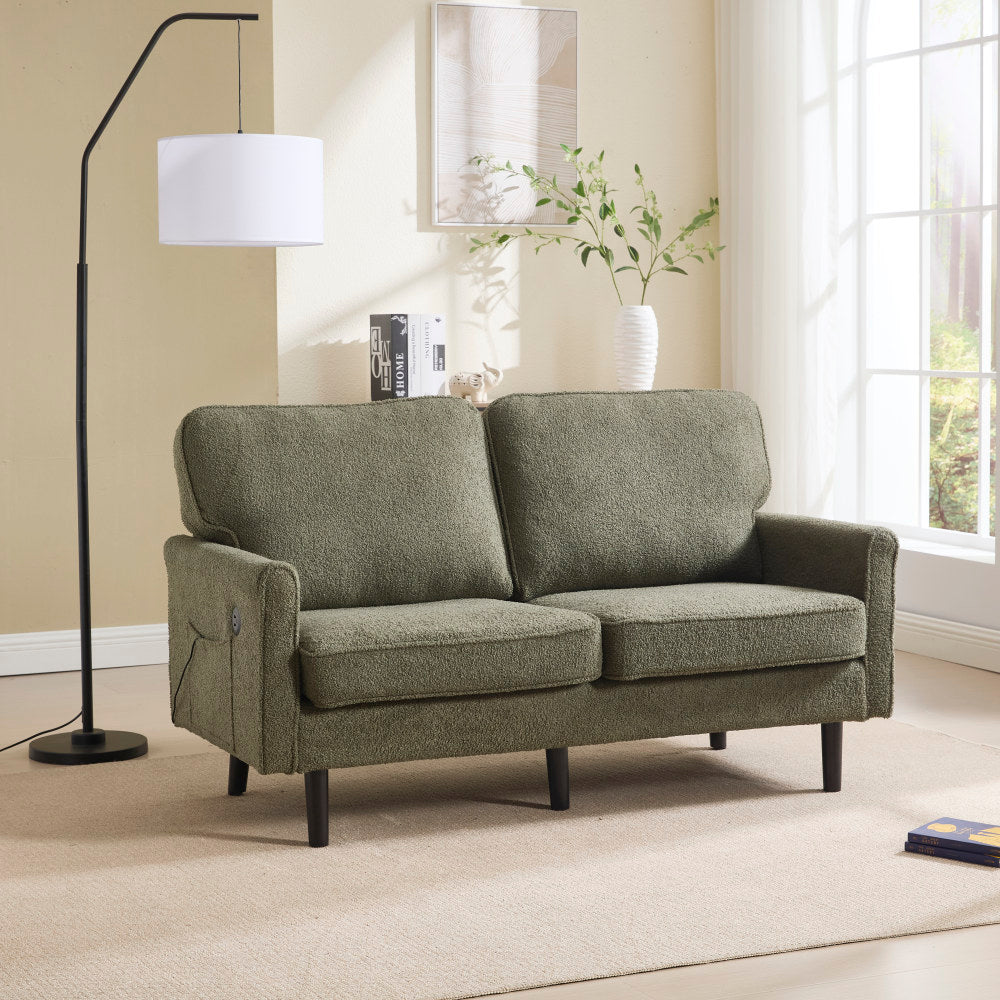 Loveseat Sofa, Mid Century Modern Love Seat, 2 Seater Sofa Couches for Living Room, Small Couch with USB & Removable Pillow Cover, Comfy Couch for Bedroom, Apartment (Beige)