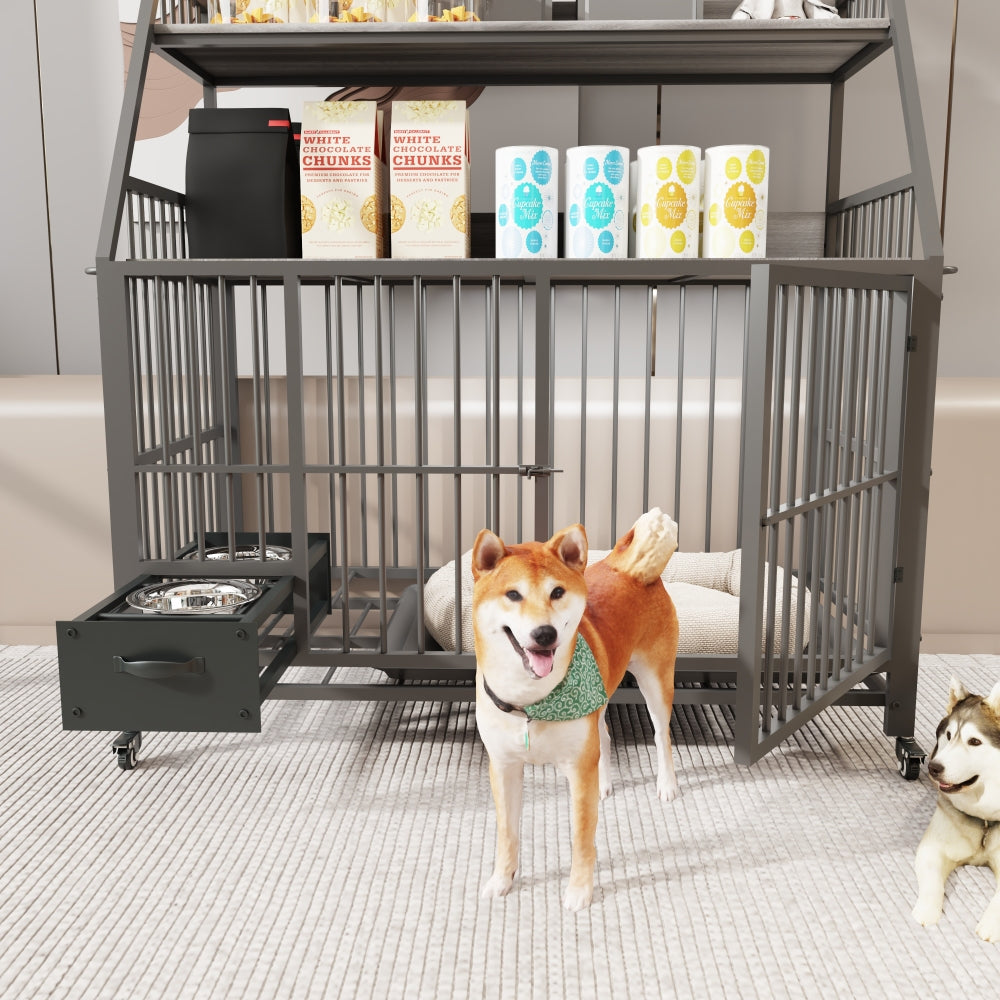 Large pet cage with storage rack, drawers with stainless steel food and water basin, made of iron frame and MDF material, sturdy, exquisite, and practical (black+beige)