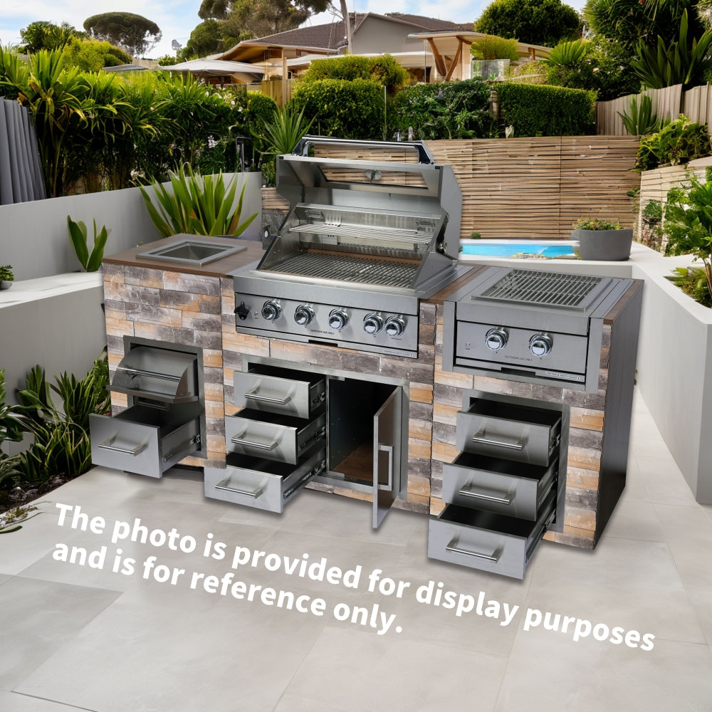 Built-in Outdoor Kitchen 32 inch LPG Gas Grill 60000 BTU Stainless Steel Four burners Grill with Infrared Rear Bunrer and Door and Drawer Combo and Drop in Stainless Steel ICE BOX with BBQ Tool Set