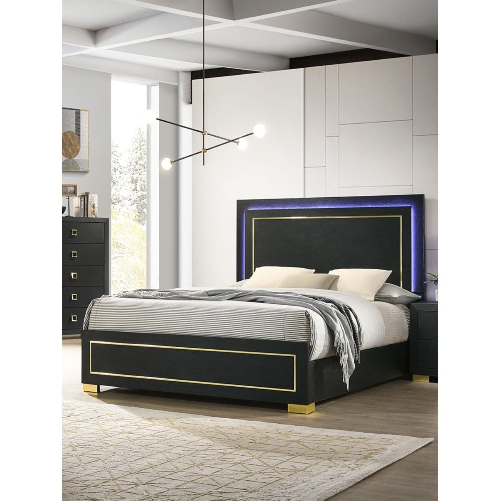 Contemporary Style 3pc Bedroom Set Queen Size Bed And 2x Nightstands Black Wood Gold Accent Legs