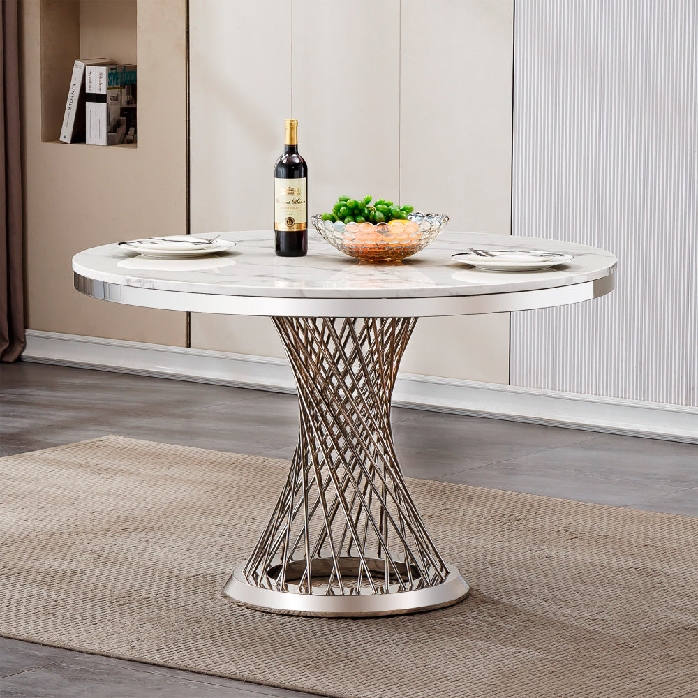 47" Round Marble Dining Table, Modern Kitchen Table with High Gloss Faux Marble Tabletop and Stainless Steel Base for Dining Room, Kitchen (Sliver,White)(Only a table)
