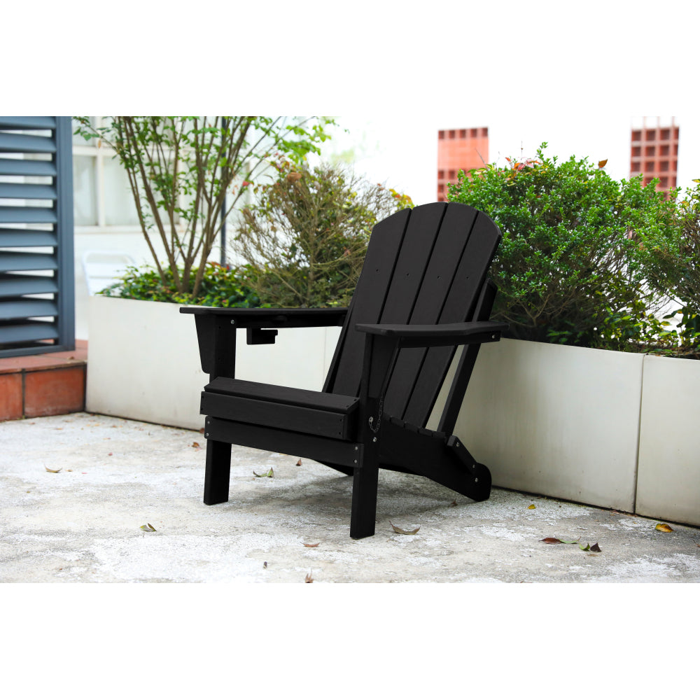 Folding Adirondack Chair with Side Table, 3-Piece Adirondack Chair Set with Wood Texture, Navy Blue(includes 2 Chairs and 1 Table)
