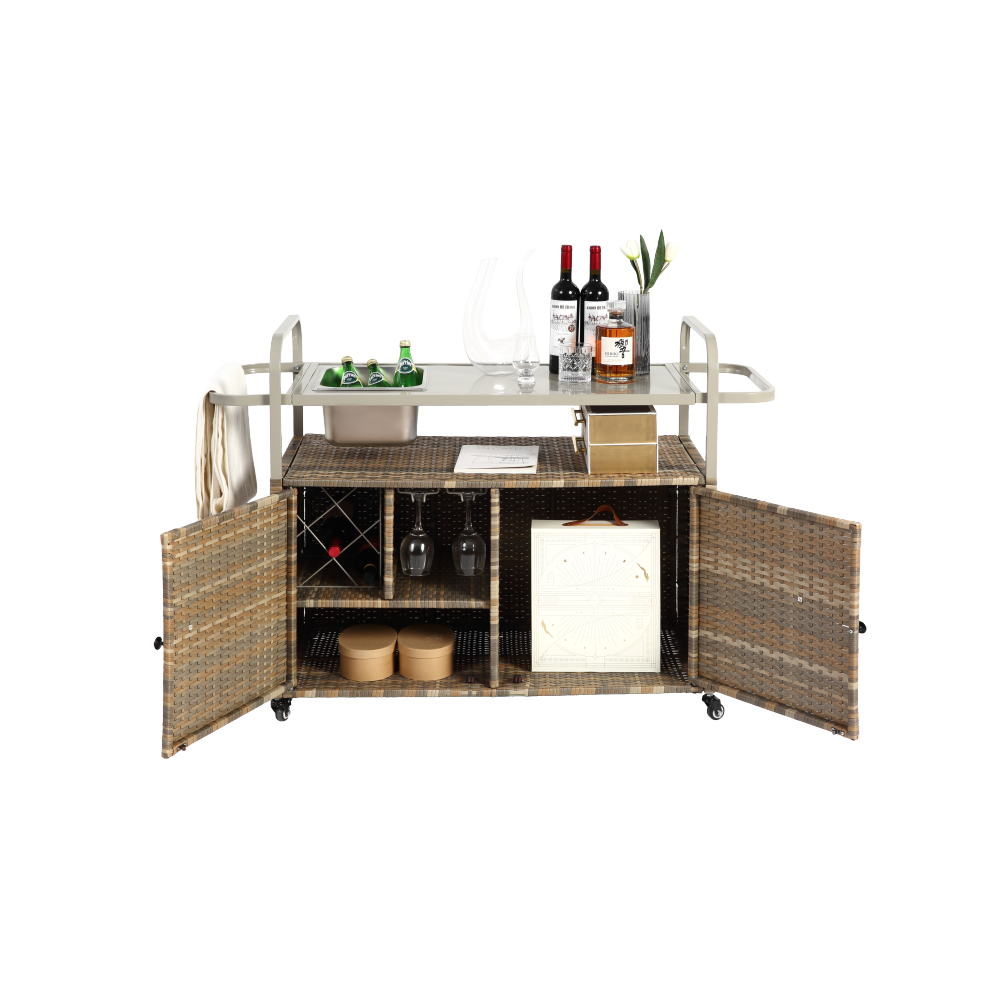 Outdoor Bar Table, Wicker Bar Cart with Cabinet, Patio Serving Cart with steel Top, with one ice bucket,Lockable Wheels, Side Basket for Garden, Poolside & Backyard, Beige