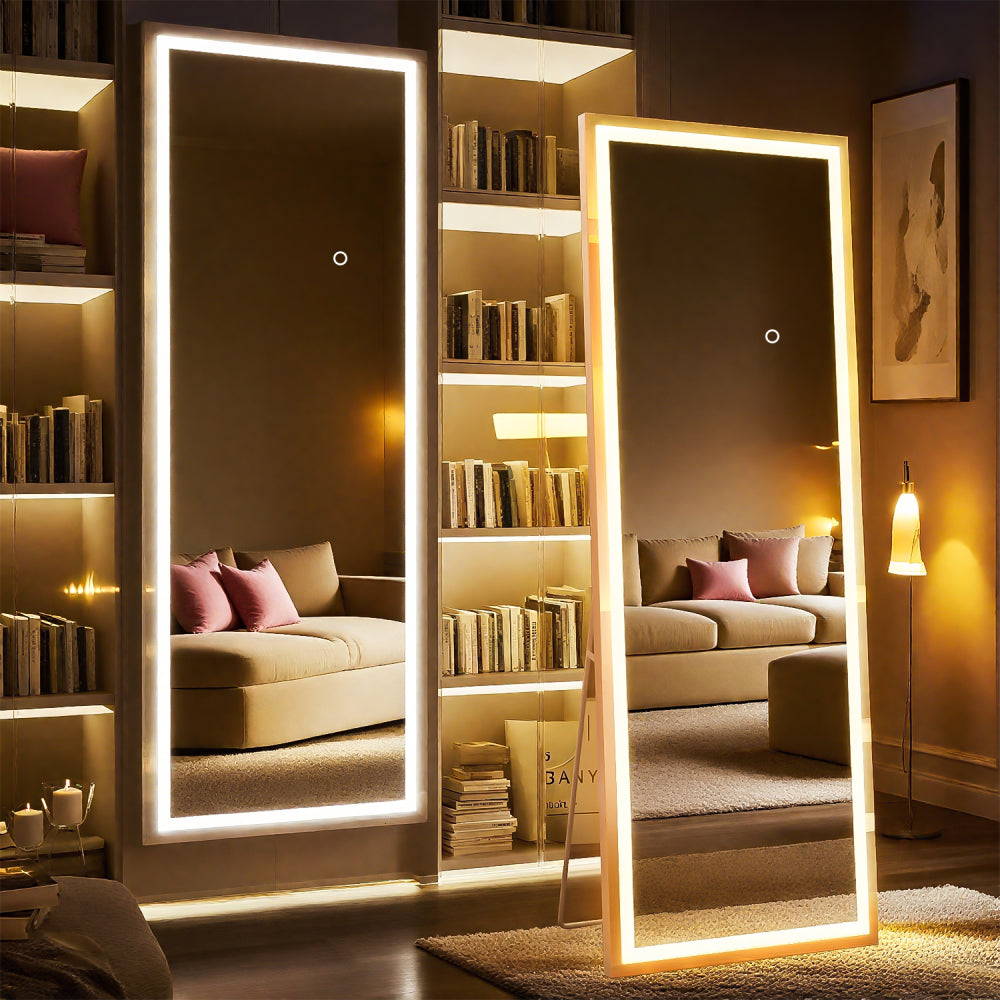 60x16 Inch Full Length Mirror with Lights, Full Body Dressing Standing, Hanging Mounted Mirror for Living Room Bedroom Cloakroom, Square Black