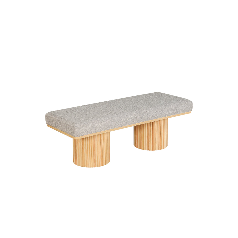 Upholstered Bench with Chunky Legs Light Grey Boucle Fabric Contemporary Style Bed-end Bench for Bedroom Living Room, Natural Wood