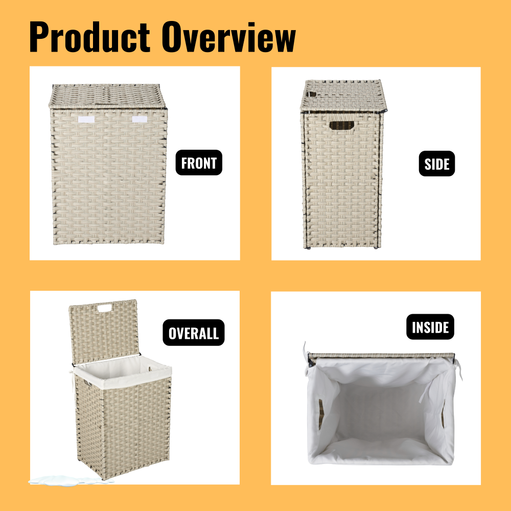 Laundry Hamper With Lid PE Rattan Powder Coating Frame Clothes Hampers with 01 Removable Bags, 100L, Gray Color