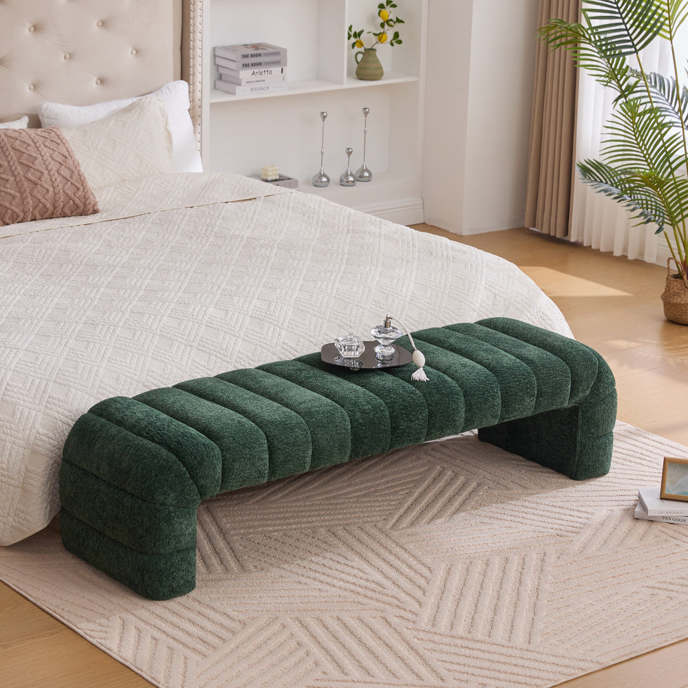 69.7"Wide Modern Upholstered Armless Bed Bench, Channel Tufted Couch Daybed Chaise, Chenille Ottoman Foot Stool for Living Room and Bedroom, Entryway, Ivory
