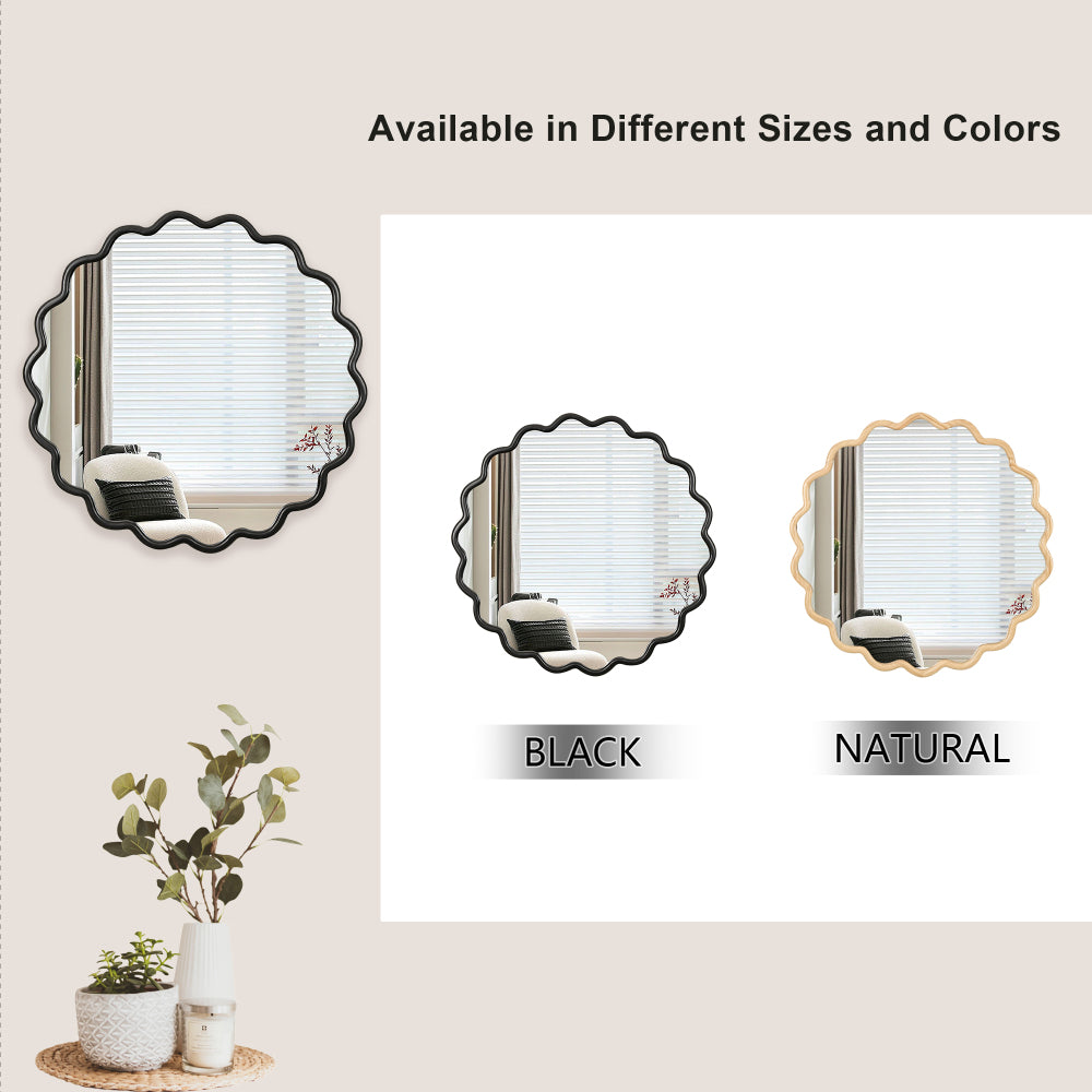 Solid Wood Wavy Mirror-Black Vanity Mirror Wall Decor 36" x 36" Modern Mirror Wall Decor for Bathroom, Bedroom, Living Room, Dining Room, Cloakroom, Entryway