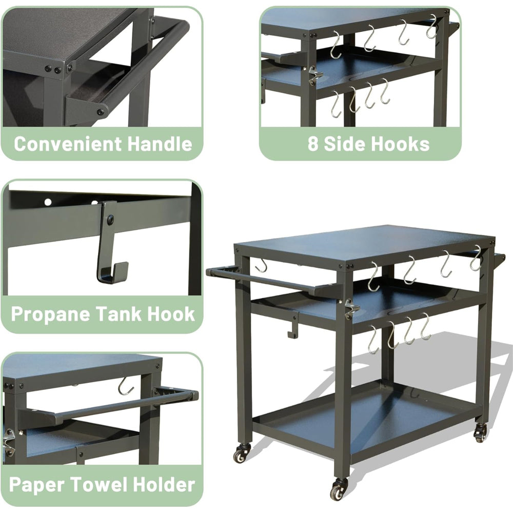 3-Shelf Outdoor Grill Table, Grill Cart with Wheels, Outdoor Pizza Oven Table and Food Prep Table, Blackstone Table with Propane Tank Hook, Grill Stand for Blackstone Griddle for Outside BBQ
