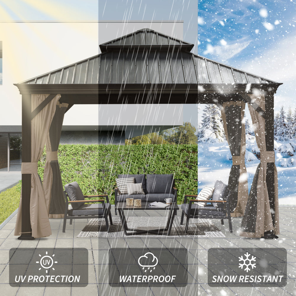 12' X 12' Hardtop Gazebo, Upgraded Metal Gazebo with Drainage System, Dual-Layer Galvanized Steel Roof, Curtain and Netting, Outdoor Shelter Canopy for Patio, Garden, and Backyard, Brown
