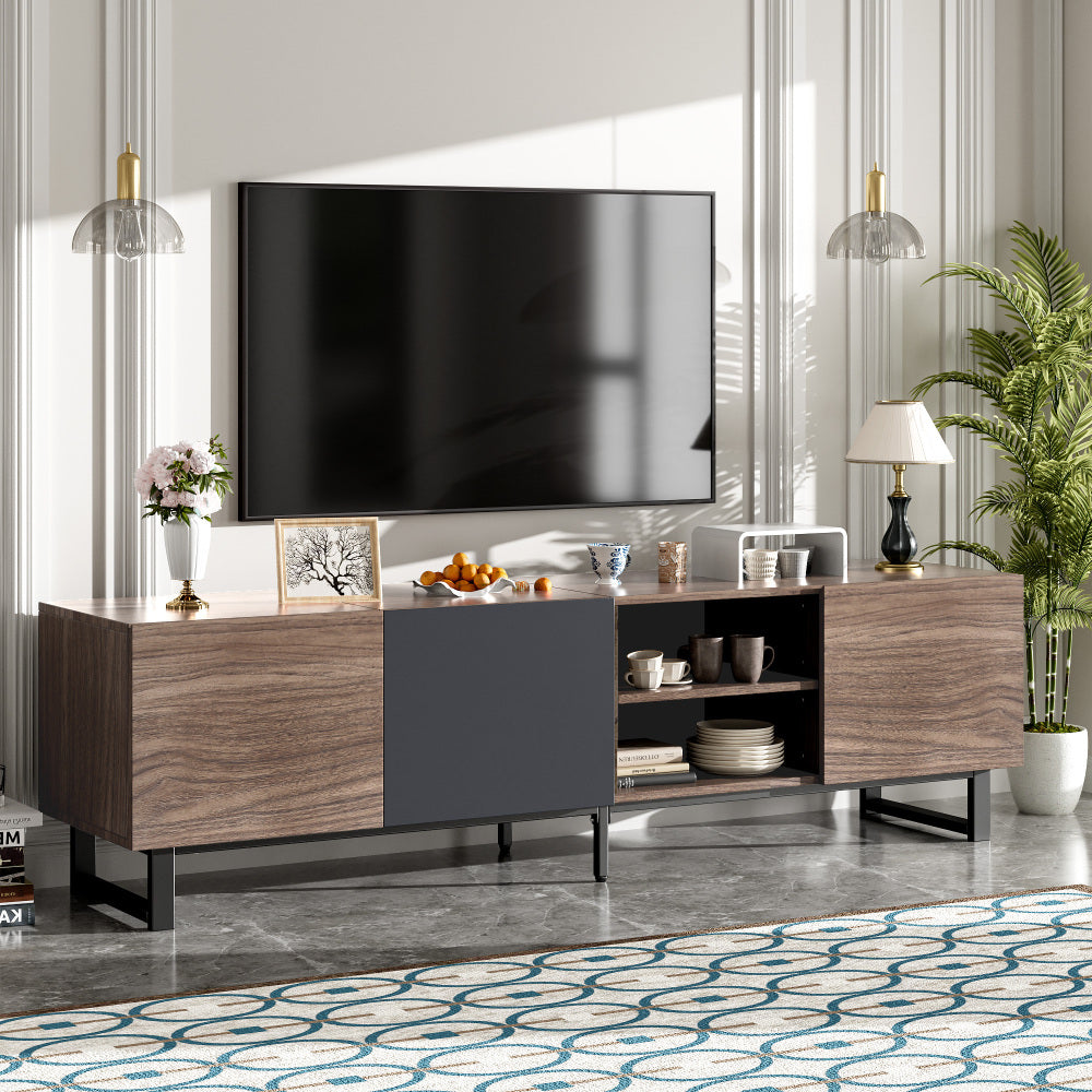Modern TV Stand for 80'' TV with Double Storage Space, Media Console Table, Entertainment Center with Drop Down Door for Living Room, Bedroom, Home Theatre