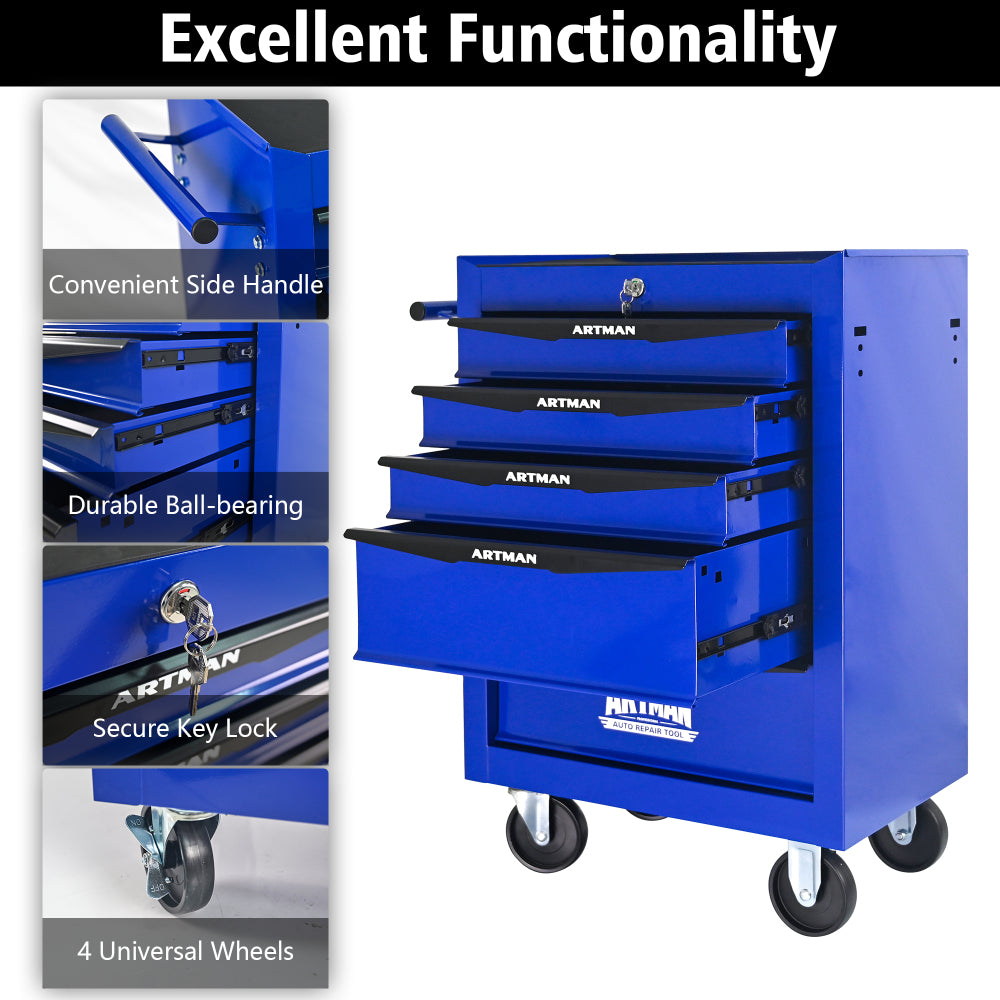 Rolling Metal Tool Chest with 5 Drawers, 20" 5-Drawer Tool Chest Cabinet with Ball Bearing Drawer Slides, Steel Tool Storage Box Organizer -BLACK&BLUE