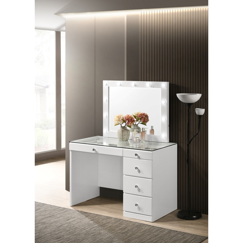 3pc Black Makeup Vanity Set Lighted Mirror Glass Top 5 Drawers Crystal Knobs Round Stool Wooden Bedroom Furniture Black