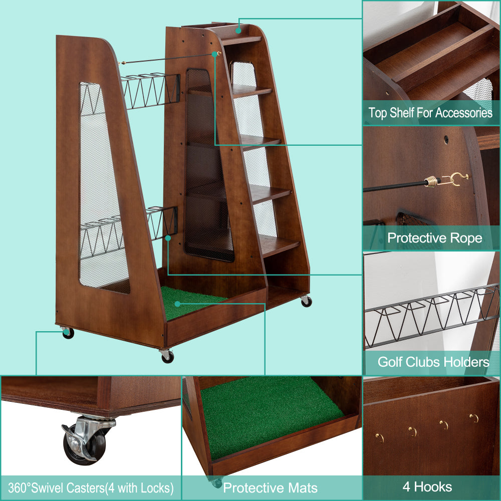 Golf Bag Organizer for Garage, Premium Wooden Golf Clubs Storage Rack Fit 2 Golf Bags, Golf Trunk Organizer for Car Garage Club Shed Basement,Brown