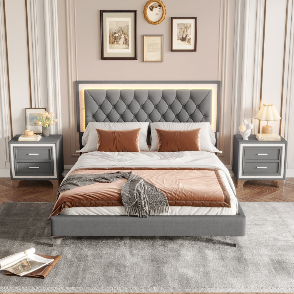 3-Pieces Bedroom Sets,Queen Size Upholstered Platform Bed with LED Lights and Two Nightstands-Gray
