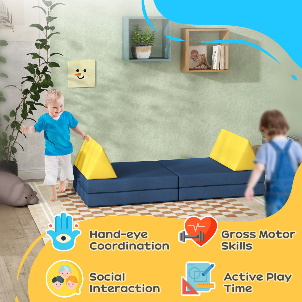 Qaba Modular Kids Play Couch, 6 Piece Kids Couch for Playroom or Bedroom, Foam Couch for Kids with Washable Cover for Toddlers 18+ Months, Blue