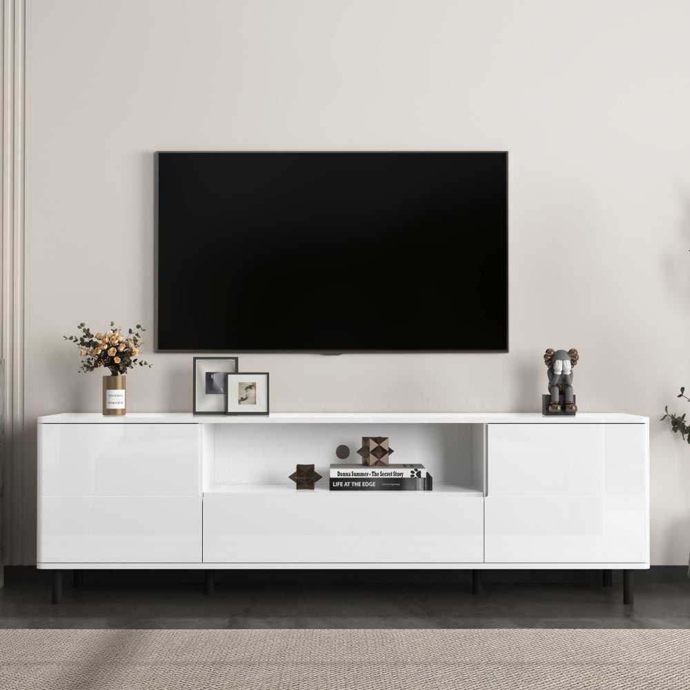 High Gloss Panel Modern TV Console, TV Stand, Entertainment Center with Storage Shelves,TV Cabinet for Living Room, Bedroom, Cloud White 63x15.74x19.68 inch